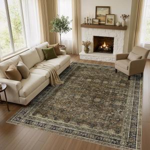WITSHOCK 8x10 Large Rugs for Living Room - Boho Modern Vintage Moody Retro Antique Neutral - Low Pile Washable Non-Slip - Rug for Bedroom Dining Room Nursery Kids Playroom Indoor Decor, Olive&Brown