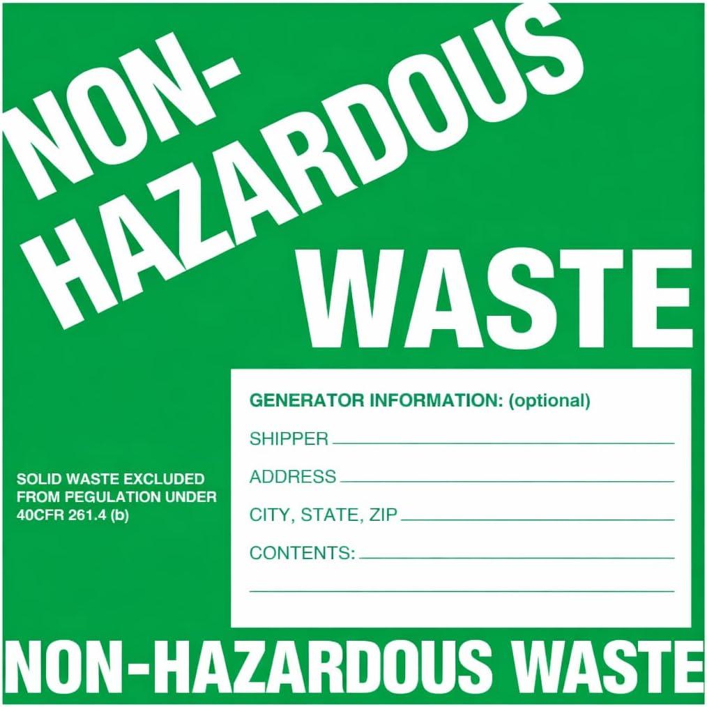 Non-Hazardous Waste Labels, 6 x 6 inches, Green/White, Self-Adhesive Vinyl, Pack of 25