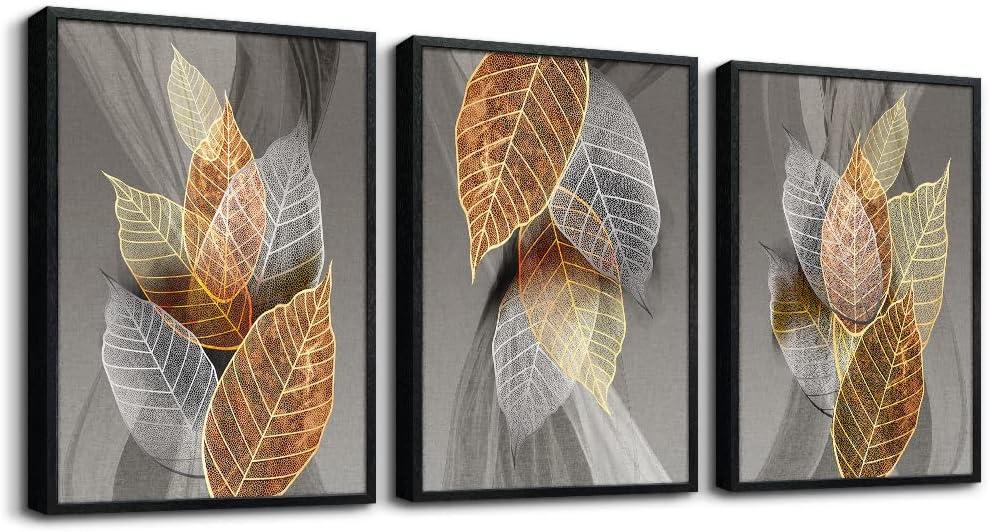 Black Framed Canvas Wall Art For Living Room Wall Decorations For Kitchen Bedroom Wall Decor Abstract Leaves Painting Inspirational Pictures Artwork Bathroom Home Decor of 3 Piece Framed Art Prints