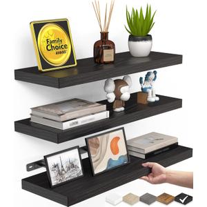 BAYKA Floating Shelves for Wall, Wall Mounted Rustic Wood Shelves for Bathroom, Bedroom, Living Room, Kitchen, Hanging Shelf for Books/ Storage/ Room Decor with 22lbs Capacity (Black, Set of 3, 15.7in)