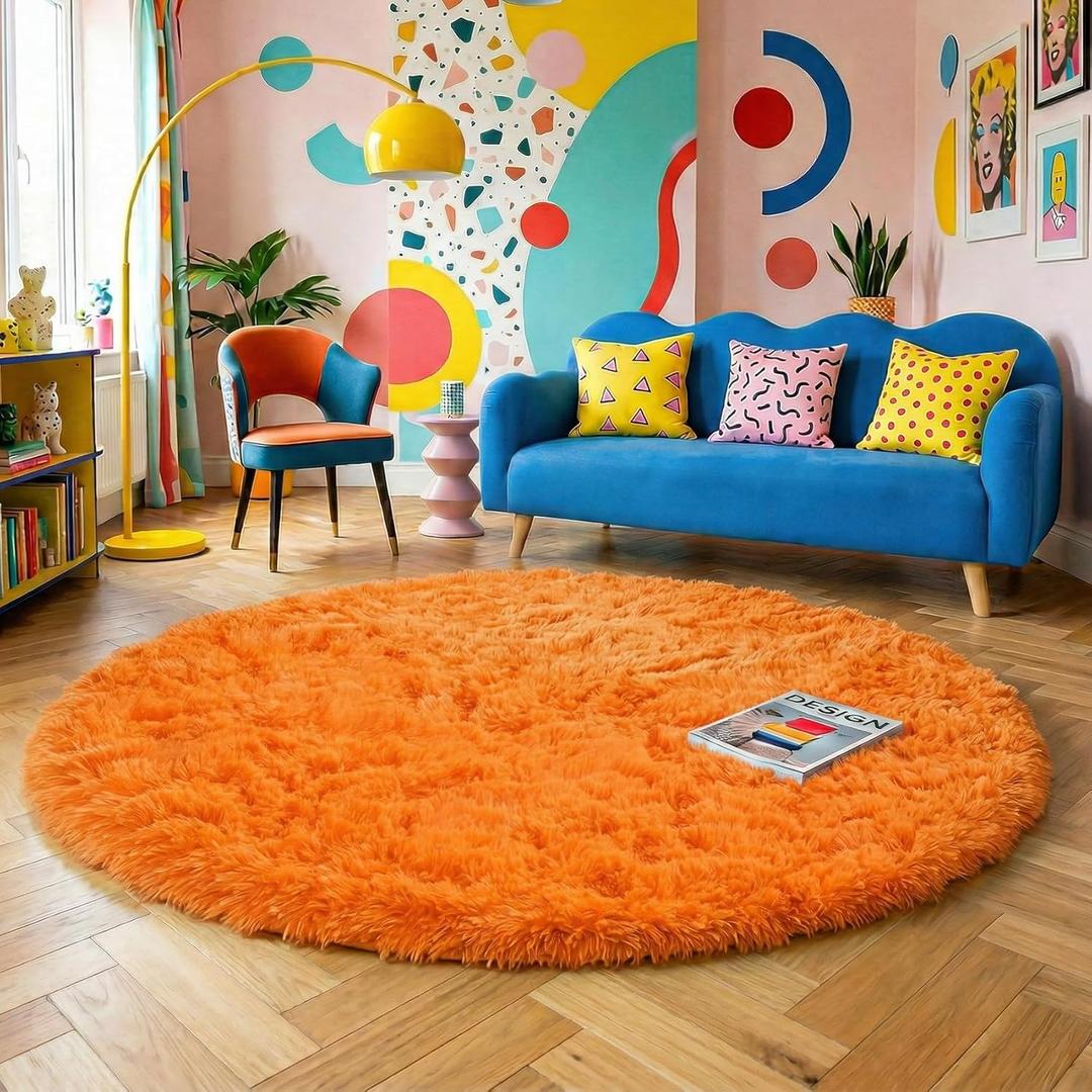 Amdrebio Orange Round Circle Rug 4Ft for Bedroom Living Room, Fluffy Fuzzy Area Rugs for Kids Room Decor Aesthetic, Cute Furry Plush Shag Carpet for Toddler Teen Girls Boys Baby Nursery Dorm Playroom