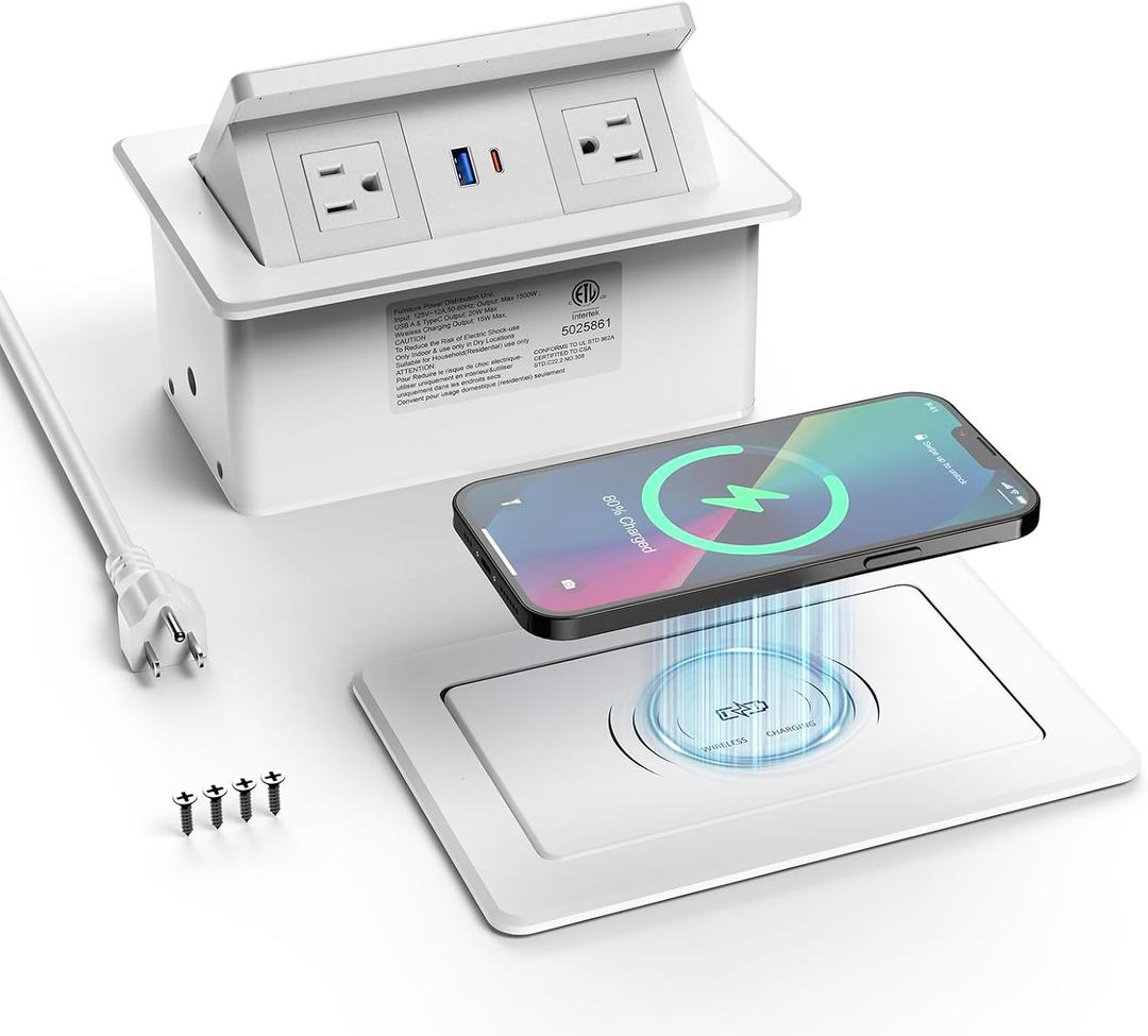 QBA Pop up Power Outlet with 15W Wireless Charger, Recessed Power Strip with USB-C PD 20W, 2 Outlets, Desk Charging Station for Conference Room Kitchen Countertop, ETL Listed (White)