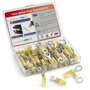 AIRIC 12-10 AWG Heat Shrink Ring Terminals Kit #10, 1/4", 5/16", 3/8", Copper Terminal Connector Ends, Battery Cable Lugs, Yellow Electrical Crimp Connectors, Wire Lug for 12, 10 Gauge Wires, 50 PCS