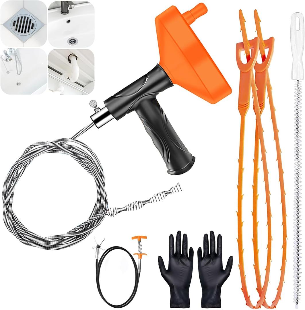 33 Feet Drain Snake Auger, Plumbing Snake Drain Hair Clog Removal Tool, Heavy Duty Toilet Snake Auger, Sink Unclogger Drain Cleaner Tool for Bathroom Kitchen Tub Shower Drain Clog Remover with Gloves