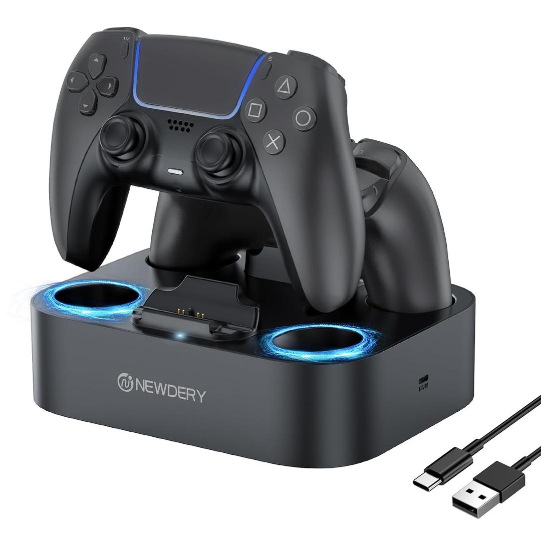 NEWDERY for PS5 Controller Charger Station Compatible with Dualsense Edge, Fast Charging Dock Stand with Cable, Dual Controller Charging Station for PlayStation 5 &for DualSense Edge (Black)
