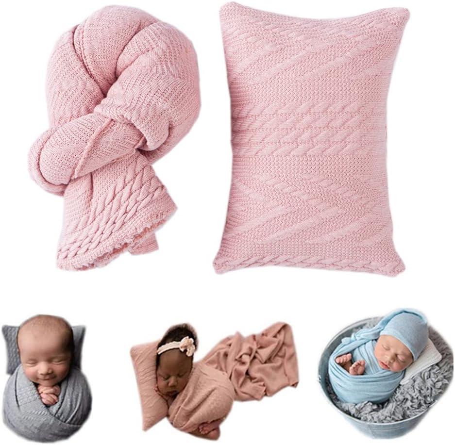 Coberllus Newborn Photography Props Blanket Stretch Knitted Twist Wrap & Posing Pad Prop for Baby Boys Girls Photo Shoot Set (Light Pink)