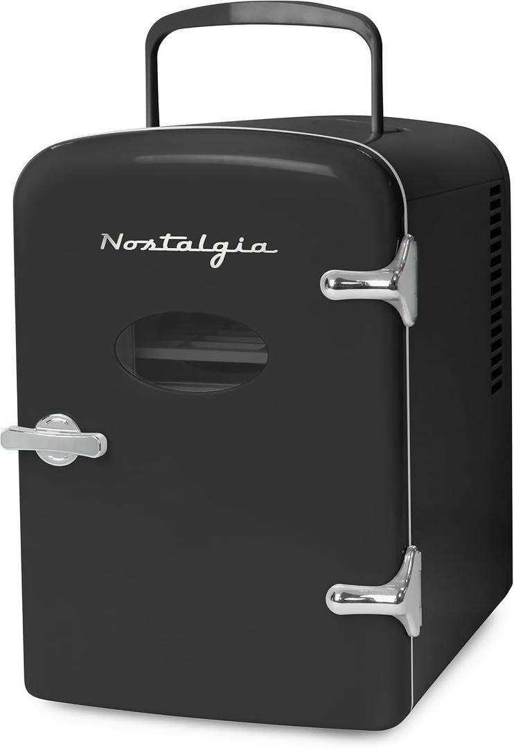 Nostalgia Retro Mini Fridge and Heater - 6-Can Capacity, 12-Volt Power Adapter, Carry Handle and Display Window - Perfect for Home, Office, Car, or Dorm Room - Black