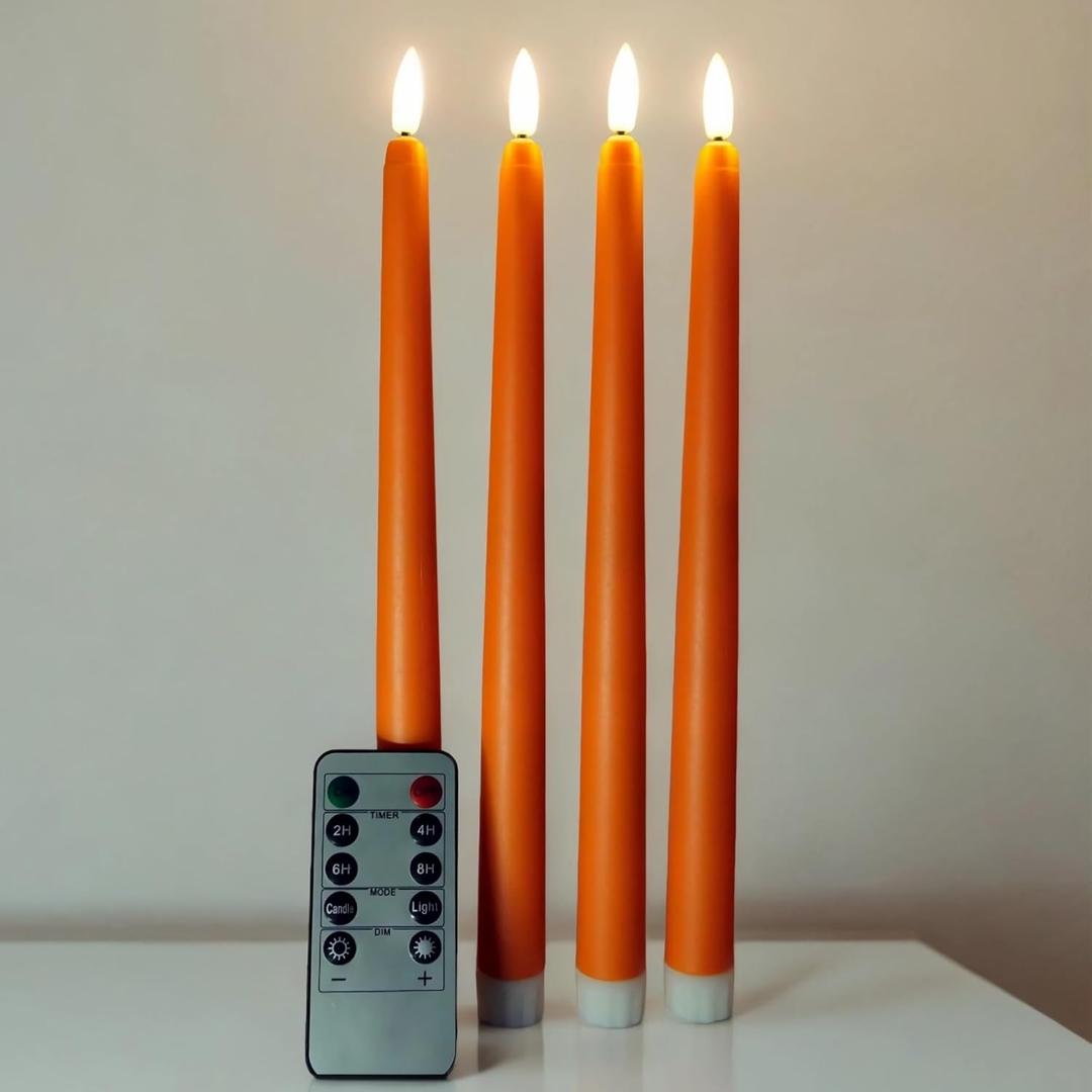 Orange Flameless Taper Candles with Remote, Flickering Battery Powered Holiday LED Candlesticks Set of 4