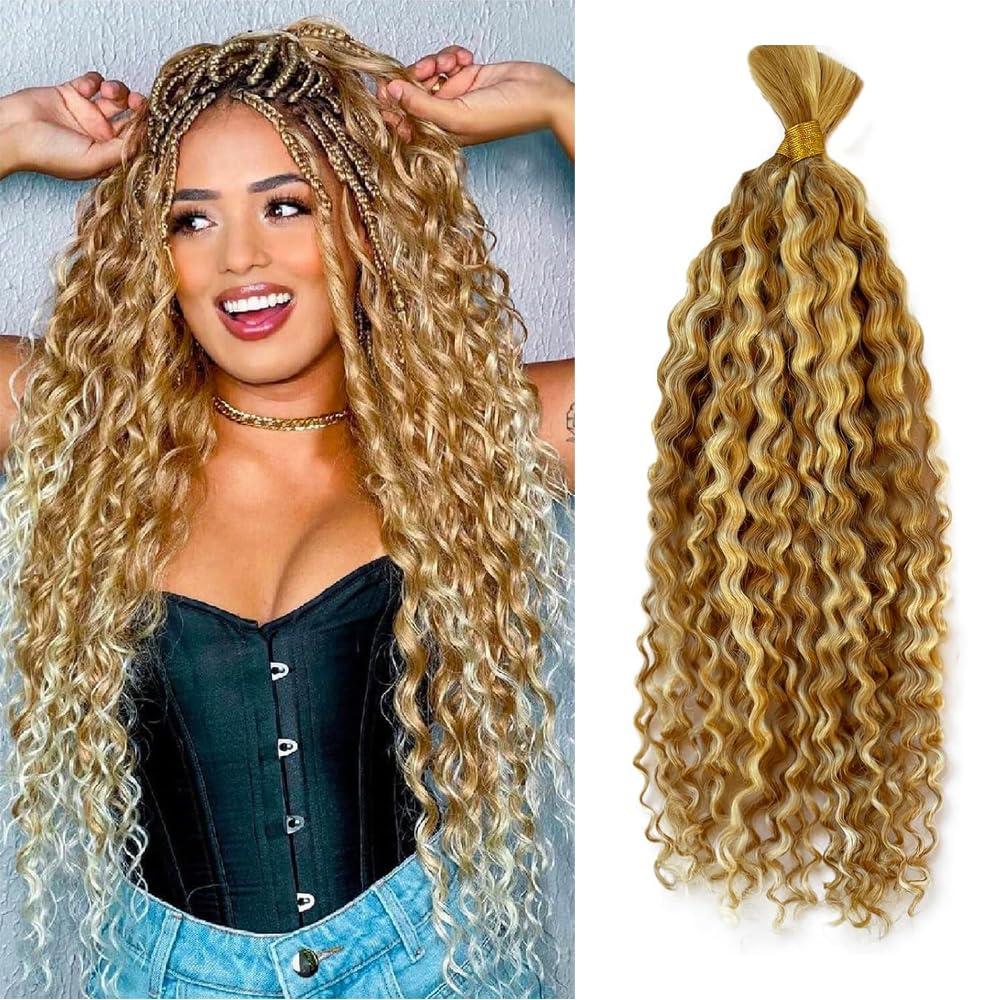 613 Human Braiding Hair for Boho Braids 28 28 Inch 2 Bundles/100g P27/613 Deep Wave Bulk Human Boho Hair for Braiding Virgin Curly Human Hair for Boho Knotless Braids