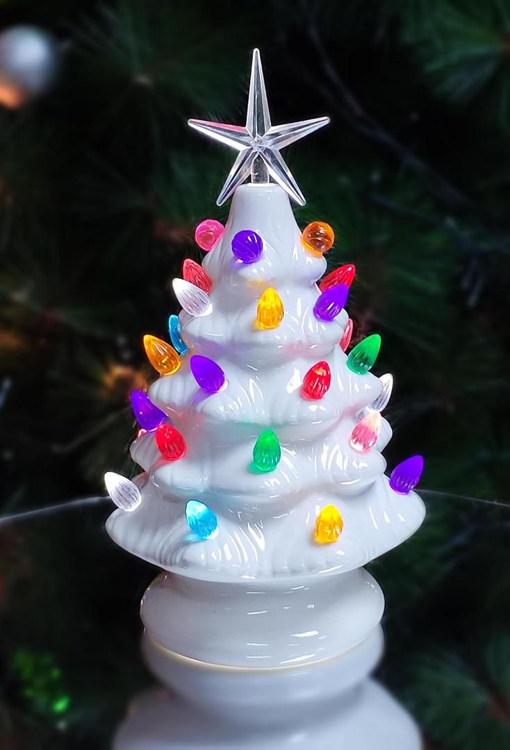 MOMENTS IN TIME Ceramic Christmas Tree 9 White LED Lighted Pre-Lit Tabletop Tree with Multicolor Bulbs & Star Topper, Battery Operated Holiday Decor