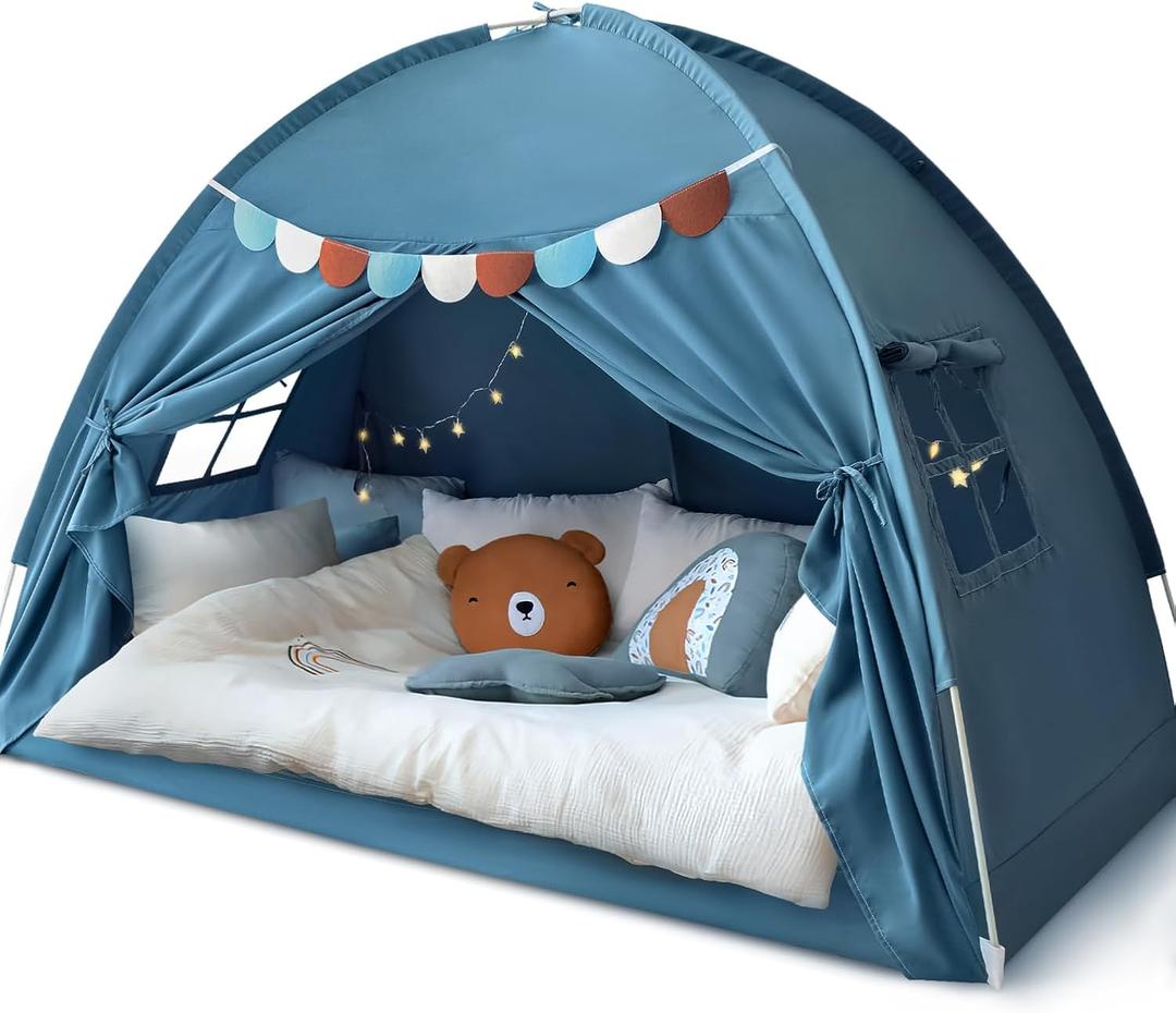 Razee Twin Bed Tent for Kids, Twin Size Toddler Canopy Indoor Playhouse Canopy Privacy Tent on Bunk Bed Sleep Inside Drafty Room Kid Toys for Boy Girl Birthday Gift, Blue Jean Color