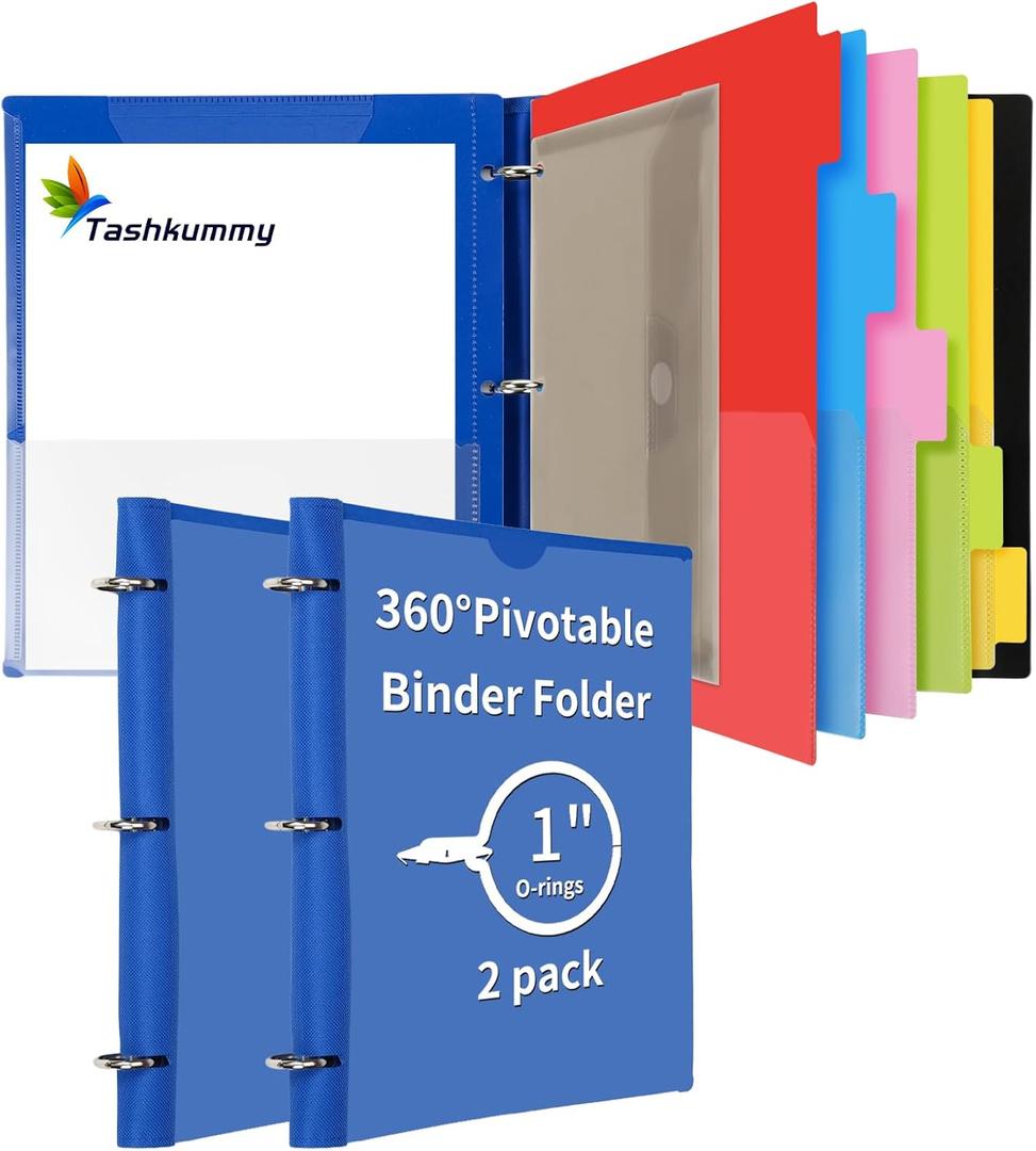 360 Pivotable Project Organizer Binder, 2 Pack Upgraded 3 Ring Binder with Colored Tab Dividers with Pockets, Customizable Cover Multi Pocket Folder Binder for Home, School, Office- Blue