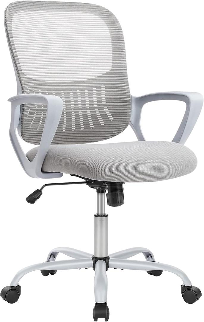 Home Office Computer Desk Chair, Ergonomic Mid-Back Mesh Swivel Rolling Work with Wheels, Comfortable Lumbar Support, Comfy Arms, Bedroom, Study, Dorm, Student, Adults (Grey)