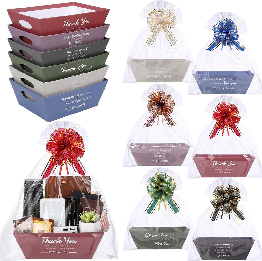 Tenceur 24 Set Empty Baskets for Team Appreciation Gifts - Bulk Gift Basket Kit with Pull Bows & Plastic Bags DIY Cardboard Tray for Team Employee Teacher Coworker Nurse Present(Chic,Morandi)