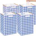 Hushee 4 Pcs 13 Gallon Disposable Collapsible Trash Cans, Blue Plaid Reusable Portable Garbage Can with Handles, Trash Bags, Fixing Strip Cardboard Bins for Party, Event, Kitchen, Office