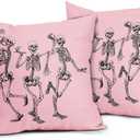 Halloween Skull Pillow Covers 18X18 In Set of 2 Cute Funny Skeleton Decorative Pillow Cases Vintage Pink Pillow Covers Cotton Linen Cushion Case Autumn Home Decor For Couch Sofa Patio Porch Outdoor