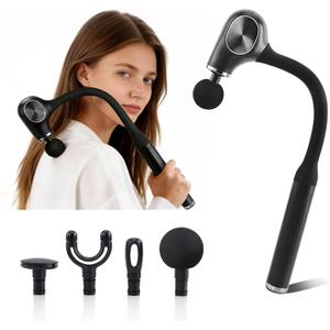 UFFAE Brushless Motor Massage Gun with Upgraded Extension Handle, Back Massager for Pain Relief Deep Tissue with 4 Massage Heads & 5 Speed Levels, Black Silver