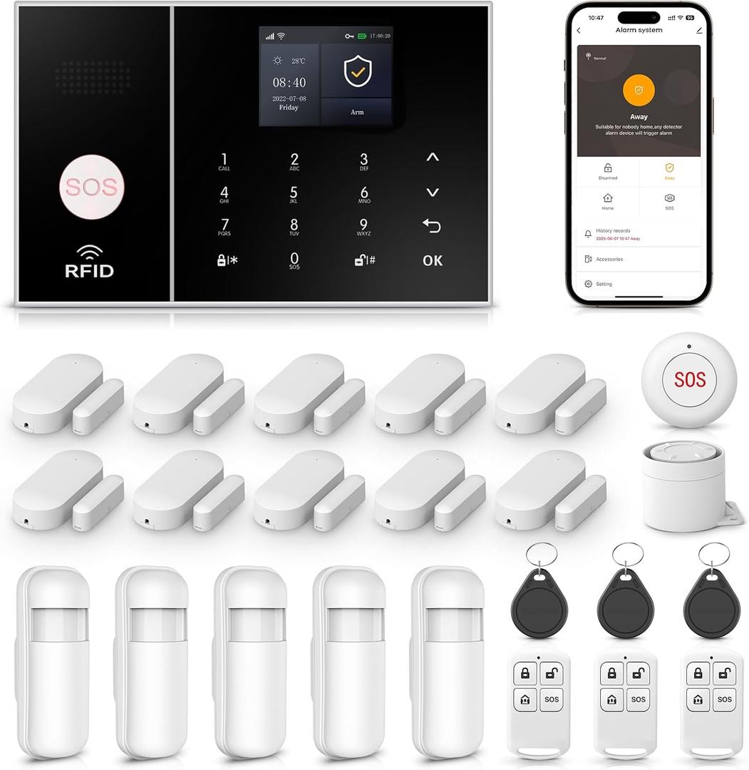 LWOHSI PG108 Alarm System for Home Security,WiFi+GSM 4G DIY Alarm Kit with Phone APP Alert, Door/Window Sensor, Remote, Compatible with Alexa and Google for House, Apartment