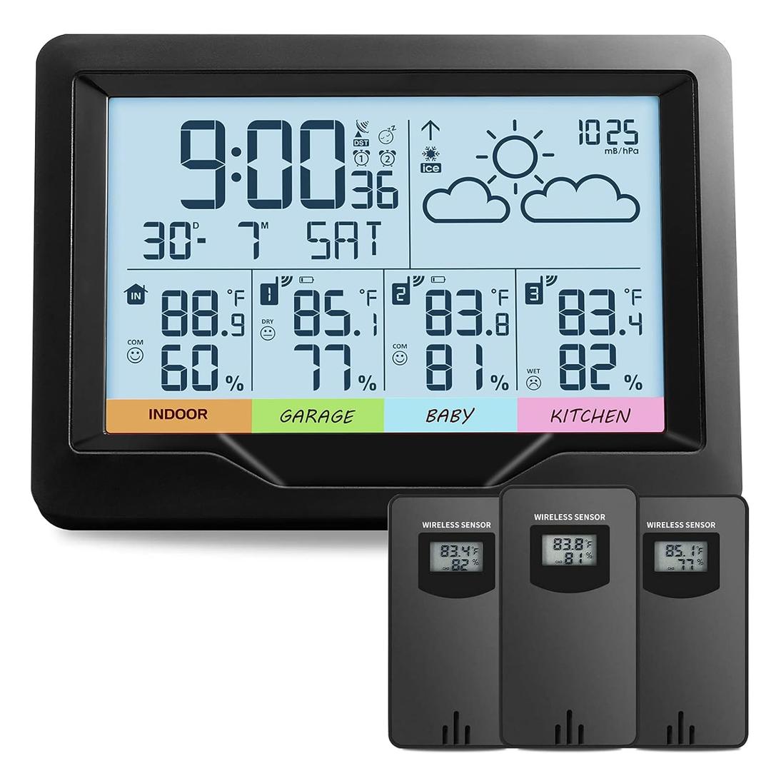 Weather Station Wireless Indoor Outdoor Thermometer Digital Atomic Clock with Multiple Sensors, Temperature and Humidity Monitor, Weather Thermometer for Forecast Stations with Backlight