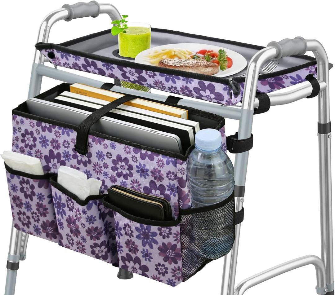 MDSTOP Walker Basket with Tray, Walker Tray for Folding Walker, Walker Accessories for Seniors, Non-Slip Surface, Universal Fit for Standard Walkers, Ideal for Meals, Drinks & Reading (Purple)