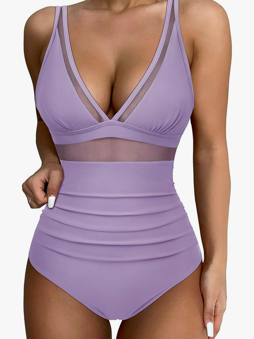 SUUKSESS Women Sexy Mesh Tummy Control Swimsuit Push Up High Waisted Bathing Suit L