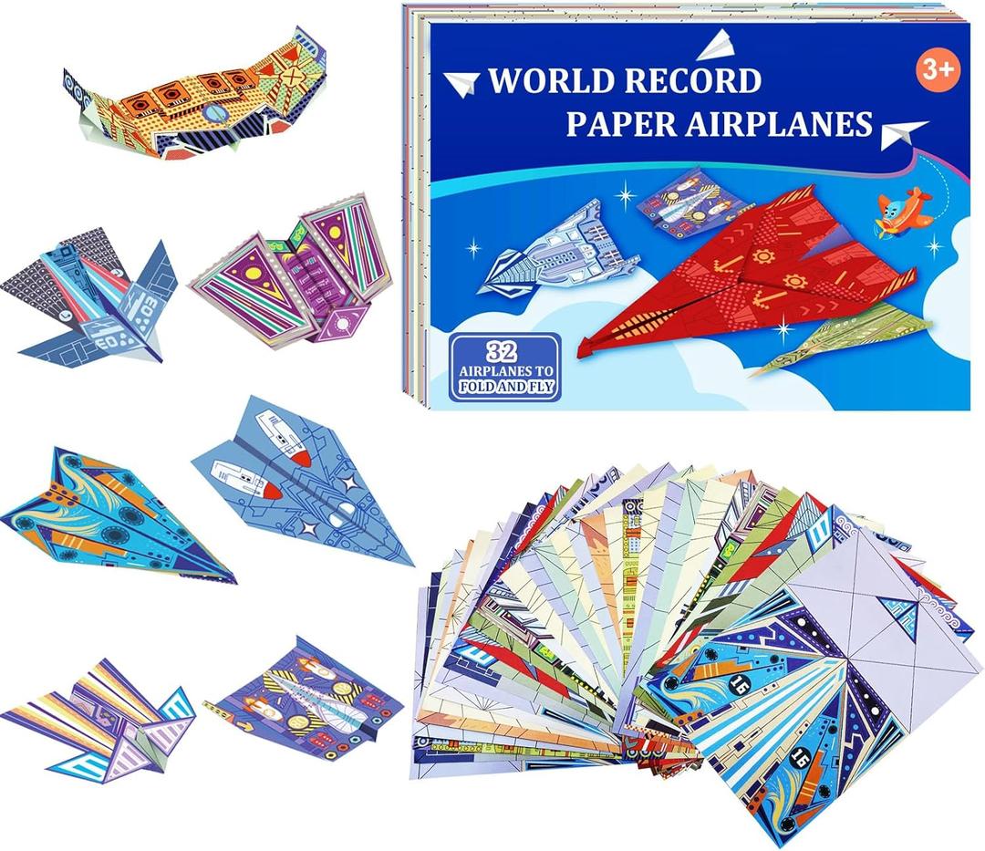 Paper Airplane Kits with 16 Classic Designs, 32 Sheets of Colorful Origami Paper, World Record Paper Planes, Airplane Gifts for Boys and Girls Ages 6-12+ (Digital Manual Only, Fun and Easy to Fold) (Red)