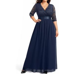Pinup Fashion Wedding Dresses for Bride Plus Size - Formal Evening Gown Wrap Neck Lace Chiffon Long Dress (14 Plus, Navy-wrap)
