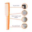 Allegro Combs 6000 Wide Tooth Teasing Lift Vented Hair Combs Space Tooth Barber Stylist Curly Hair Parting Made In The USA 6 Pcs. (Neon Orange)