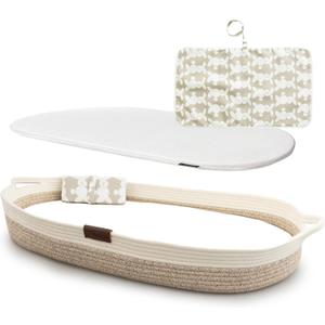 XL Reinforced Baby Changing Basket with Extra Travel Diaper pad, Foldable Baby Changing Pad with Water Repellent Cover, Cotton Rope Baby Basket, Changing Table Topper for Dresser (White Beige)