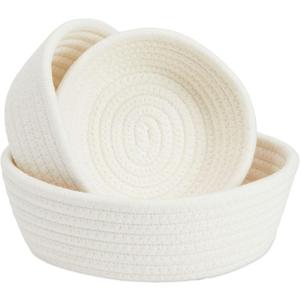 Juvale Small Round Cotton Rope Storage Baskets - Nesting Storage Bin Pack - Cotton Woven Basket for Home Organizing - White, Pack of 3, 6.5 x 2.9 in/7.5 x 3 in/8.2 x 3.2 in