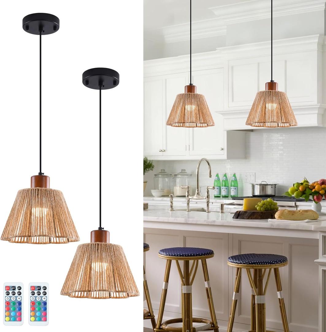 Dijiahua Boho Rattan Battery Operated Pendant Lights Kitchen Island 2 Pack with Remote Control,Wireless Rechargeable 12 RGB Color Temperatures Lamp with Woven Shade, Indoor Hanging Lighting (Brown+Wood)