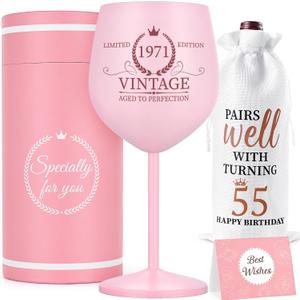 Lifecapido 55th Birthday Gifts for Women, Vintage 1971 Stainless Steel Wine Glass with Wine Bag and Card, 55th Birthday Decorations for Women, 55 Year Old Birthday Gifts for Grandma Mom Friends Wife