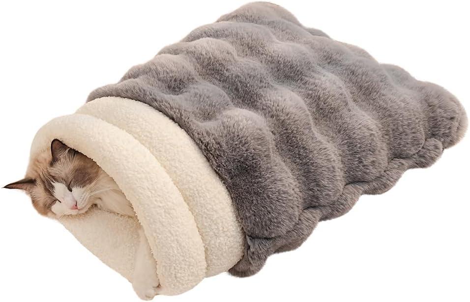 Self-Warming Cat Sleeping Bag, Enclosed Hooded Snuggle Sack with Dual-Side Plush Cat Cave Bed, Portable Foldable Pet Sleeping Pod for Indoor & Travel, Anti-Static, 21.7"x17.7"Grey