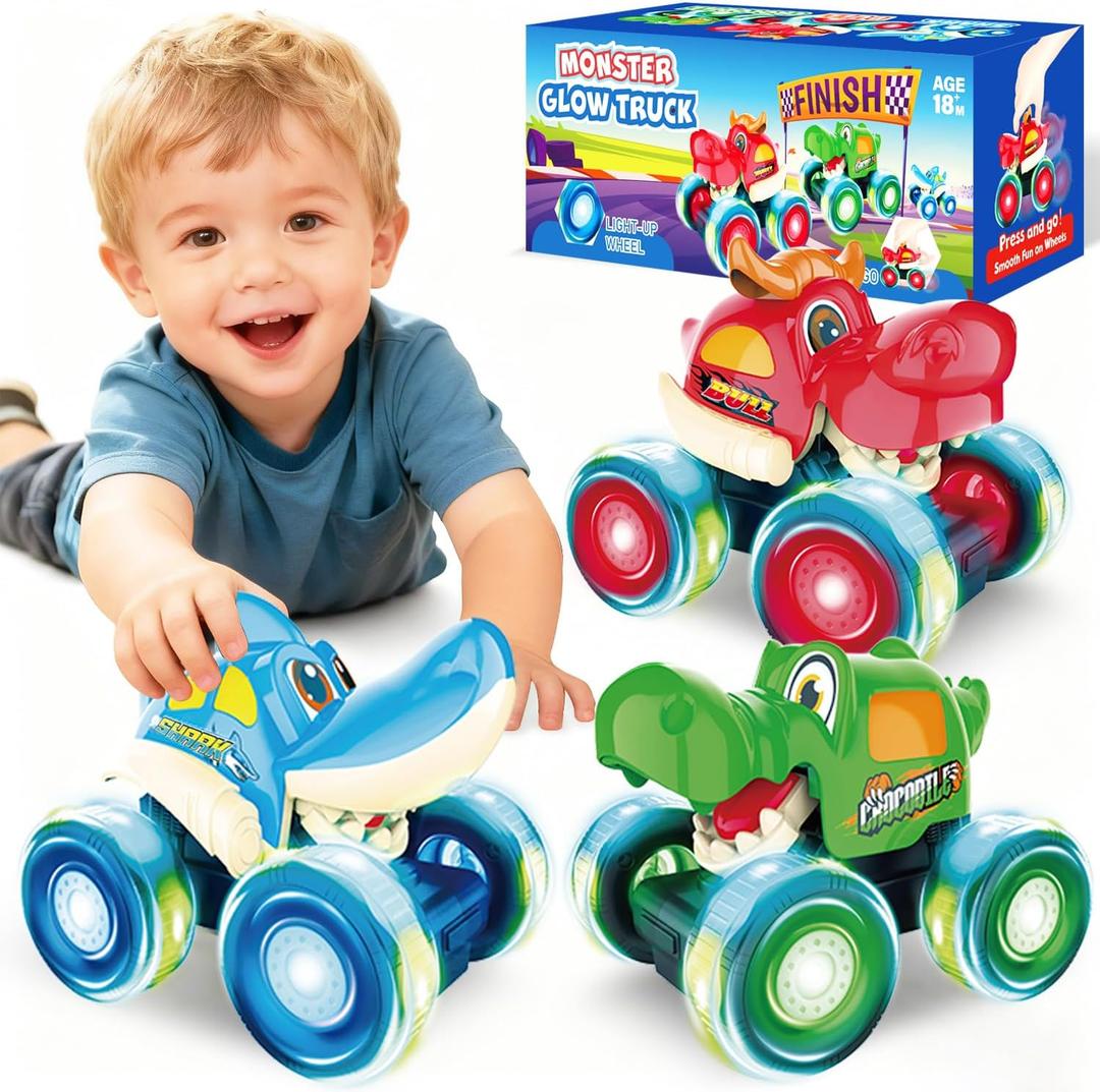 Monster Truck Toys, Toy Cars for Toddlers 1-3 with Bull Shark Crocodile Glow Rover Wheels Press and Go Cars Monster Trucks for Toddler Boy Toys Christmas Birthday Gifts 3 Pack