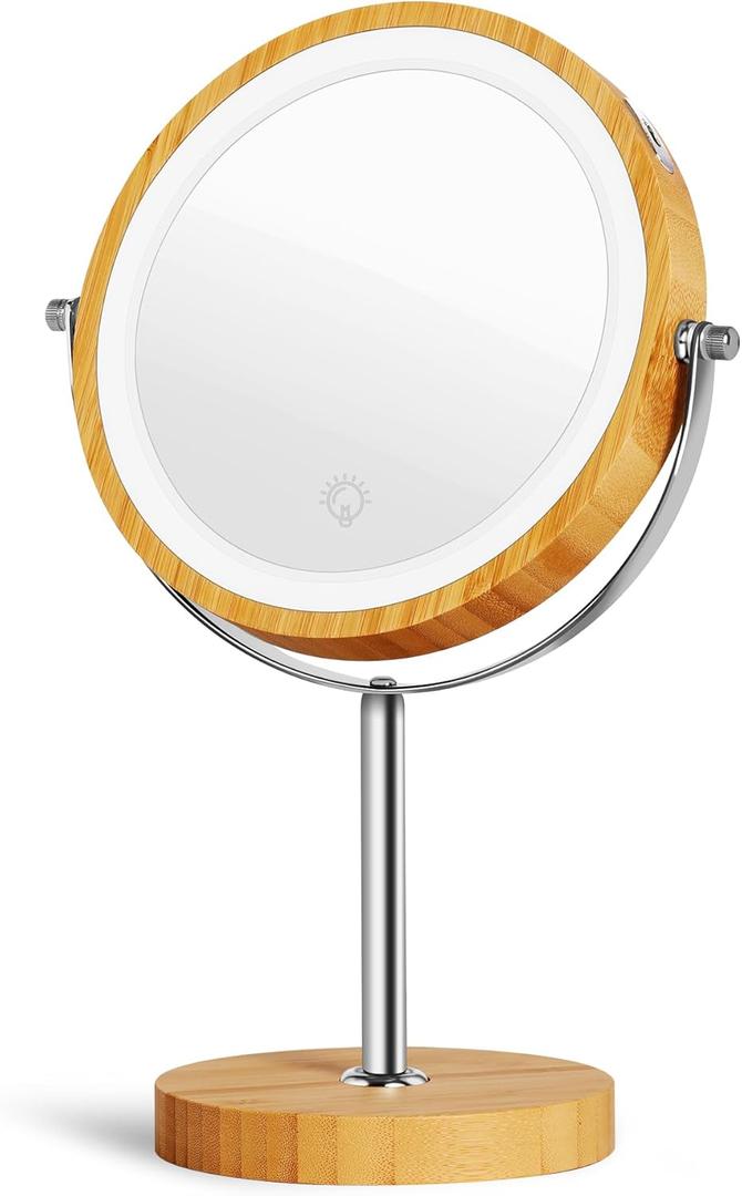 8" Lighted Makeup Mirror with Bamboo Stand, 1X/10X Double Sided Magnifying Vanity Mirror with Lights, 3 Colors Dimmable Lightning, Gifts for Women Mom Teen Girls (Round Base-yellow)