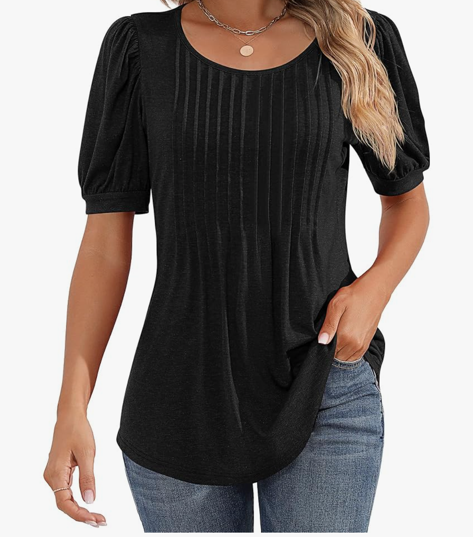Ficerd Women's Puff Short Sleeve Tunic Tops Pleated Crew Neck Summer Blouses Dressy Casual Loose T Shirts, S