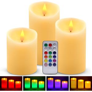 Flameless LED Candles Light, ALED Light 3 Pack Warm White Plus Multicolor Real Wax Battery Operated Electric LED Battery Candles with Timer FLameless Pillar Candles for Decoration