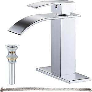 Chrome Bathroom Faucet Waterfall Single Handle Bathroom Sink Faucet with Metal Pop-up Drain, Bathroom Faucet One Hole or 3 Hole with Deck Plate