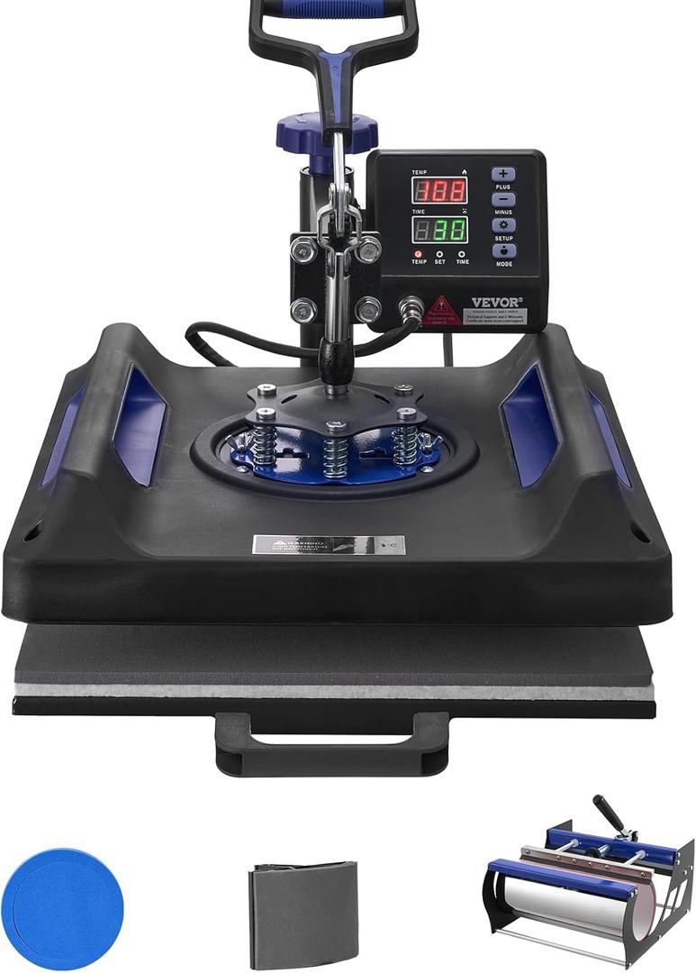 VEVOR 5 in 1 Heat Press Machine, Heat Transfer Machine with 30 oz Tumbler Press, 15 x 15 inch, 360 Swing Away T-Shirt Pressing, Fast Even Heating, for T-Shirts/Mugs/Plates/Hats, Black+Blue