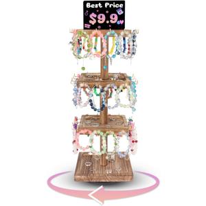 Liaakrr Bracelet Holder, 360 Rotating Bracelet Holder Display with 48 Hooks, 4-Tier Wooden Jewelry Display Tower for Bracelets, Keychains, Earrings, and Accessories