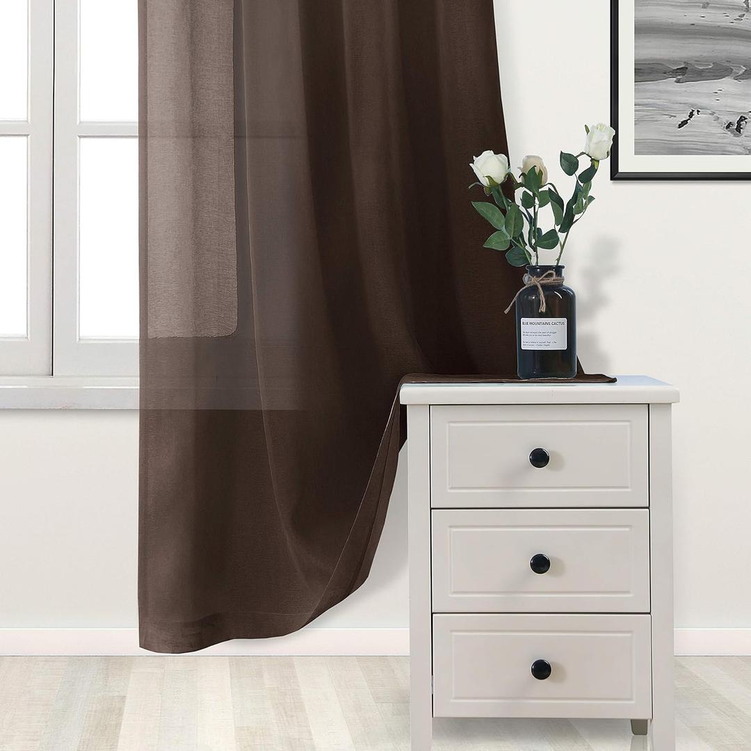 Brown Sheer Curtains for Living Room Bedroom - Faux Linen Look Voile Drapes Grommet Top Window Curtain Panel 20 x 80 Inch Long, Set of 2 Panels
