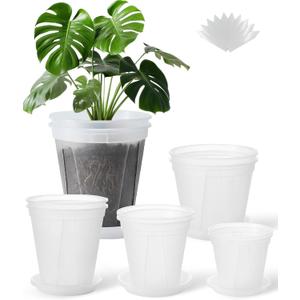 Large Clear Nursery pots for Plants with Saucers,10 pcs 9.5/8.3/7/6/5 inch Thick Plastic Nursery pots for Plants with Drainage Holes for Monstera,Aroid