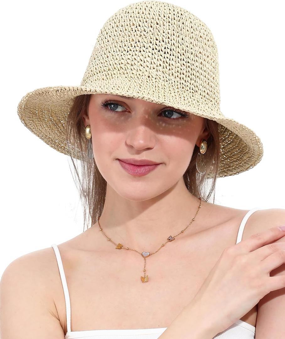 Womens Straw Sun Hat Wide Brim Hand Woven Foldable Beach  Hat for Summer Travel UV Protection UPF 50+ (Beige)