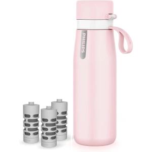 PHILIPS Water Bottle with Filter, Filter Water Bottle Stainless Steel with GoZero Everyday BPA-Free Tap Water Filter, Water Filter Bottle Keep Drink Cold 24 Hours, 3 Filters for 120 gal / 6 Months