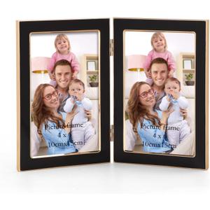Giftgarden 4x6 Double Picture Frame Black with Tempered Glass Display 4 by 6 Photo, Metal Hinged Folding Frame for Tabletop or Wall