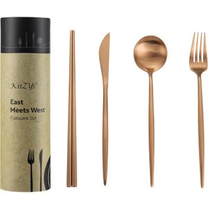 Matte Copper Flatware Set - KiiZYs 8-piece Stainless Steel Utensil Set - Modern Silverware Cutlery Set Bronze - Chopsticks Fork Spoon Knife Set Kitchen - Christmas Gift Box For Mom (Copper, Set for 2)
