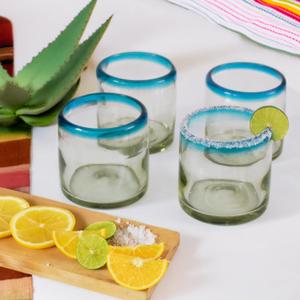 Hand-Blown Cocktail Glasses From Mexico Set of 4 Lowball Rocks Glasses | Authentic Handcrafted 12 oz Old Fashioned Cocktail Glasses | Mexican Kitchen & Barware Gift Set | Blue Rim
