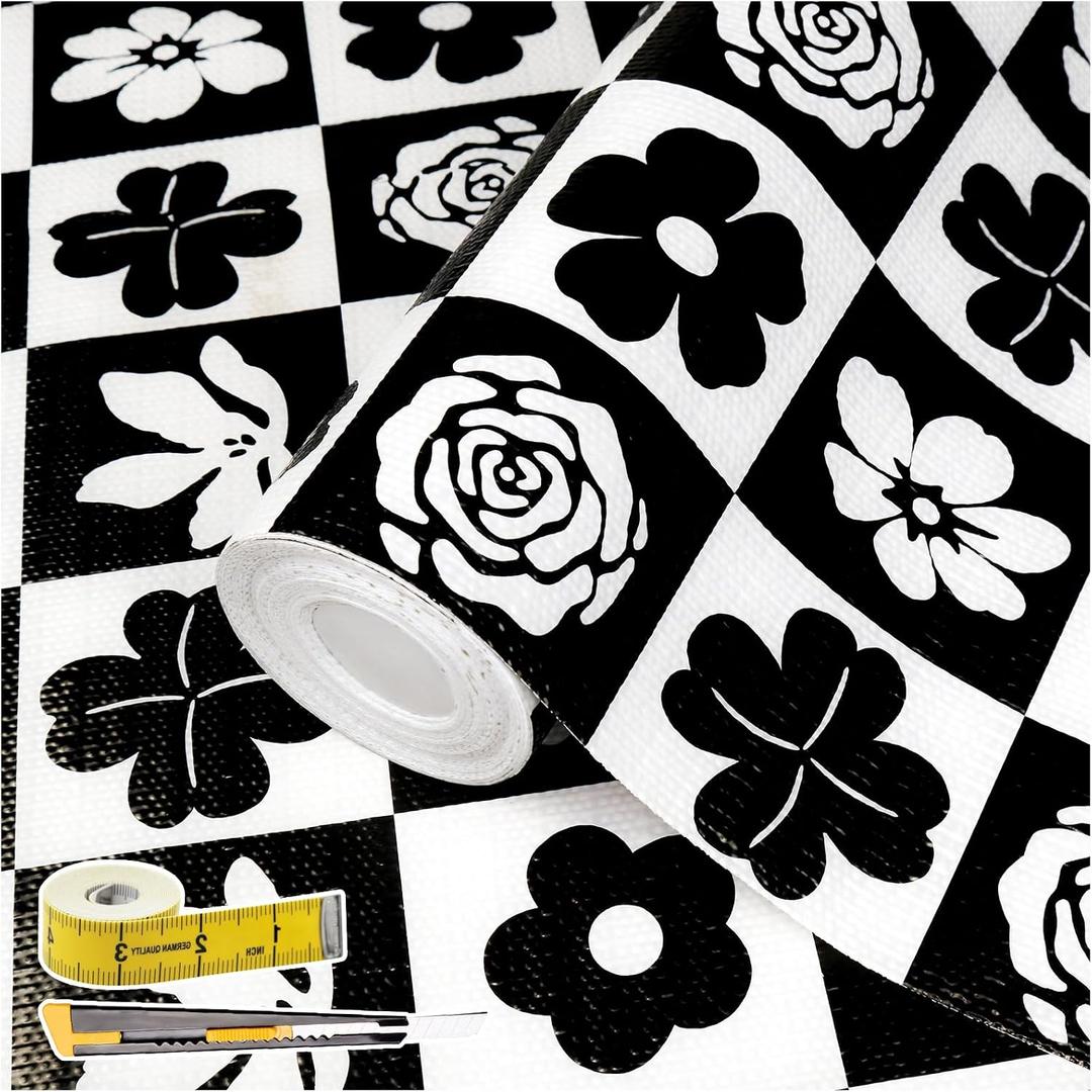 2 x Shelf Liners Non Adhesive Black & White Checkerboard Floral - Thickened Non-Slip Easy to Clean Drawer Liner for Kitchen Cabinets, Tool Box, Refrigerator, with Knife & Tape Measure, 12in x 118.1in