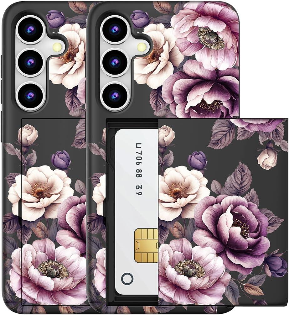 Compatible for Samsung Galaxy S23+ Plus Case with Card Holder Cute - Kawaii Design Military-Grade Drop Protection Rugged Wallet Cases for Women (Black Pink Roses Flowers)