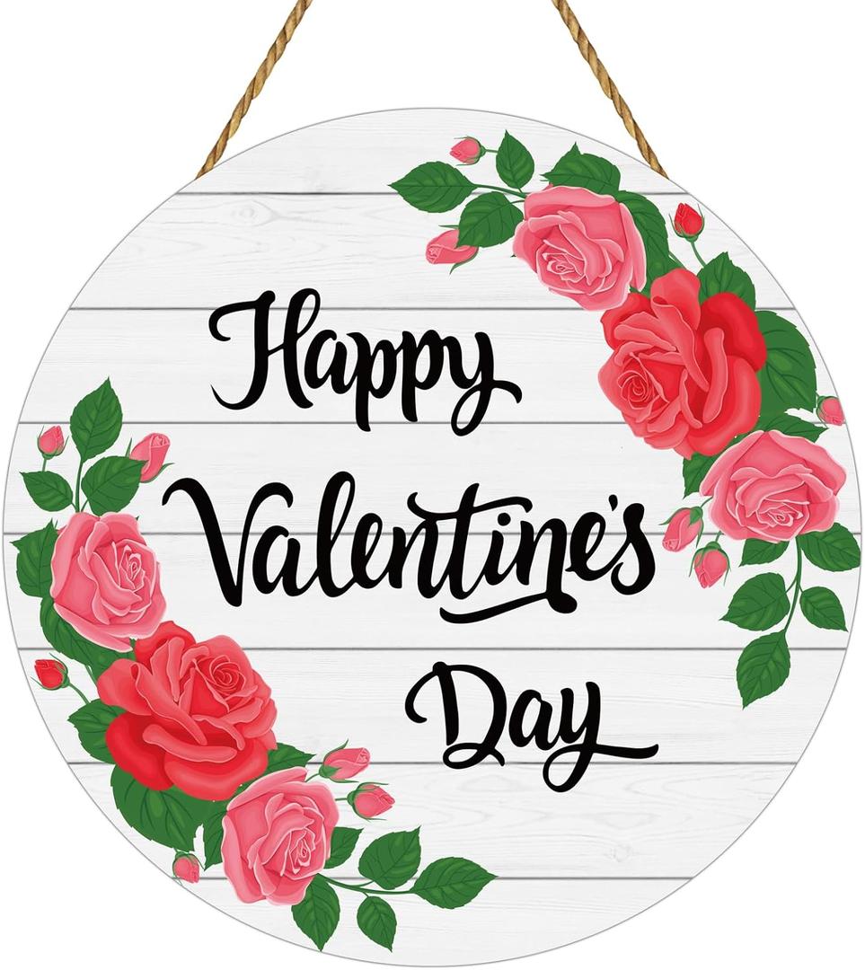 Valentines Door Decor Happy Valentines Day Sign Red Pink Rose Wall Decor Wooden Wreaths for Front Door Hanger Hanging Sign for Porch Wall Indoor Home Decor